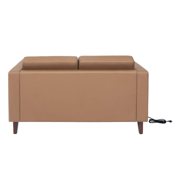 Cognac |#| Commercial Lobby Loveseat with 2 Outlets/1 USB/1 USB-C Ports-Cognac LeatherSoft