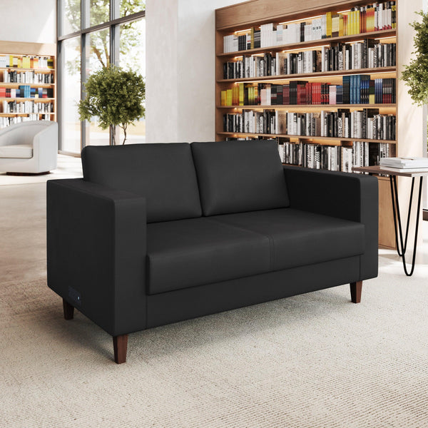 Black |#| Commercial Lobby Loveseat with 2 Outlets/1 USB/1 USB-C Ports-Black LeatherSoft
