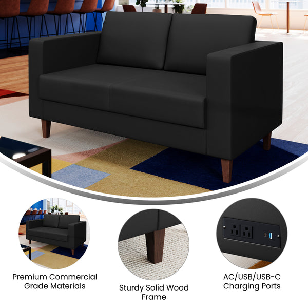 Black |#| Commercial Lobby Loveseat with 2 Outlets/1 USB/1 USB-C Ports-Black LeatherSoft