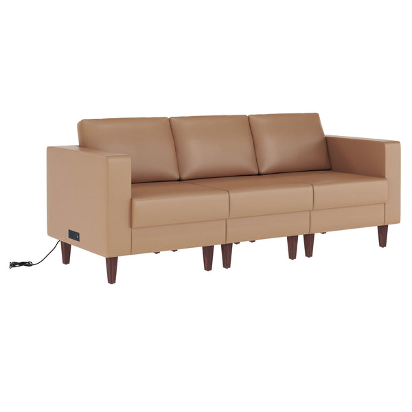 Cognac |#| Commercial Reception Sofa with Outlets/USB/USB-C Ports in Cognac LeatherSoft