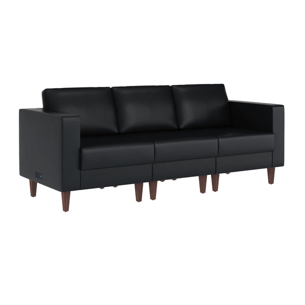 Black |#| Commercial Reception Sofa with Outlets/USB/USB-C Ports in Black LeatherSoft