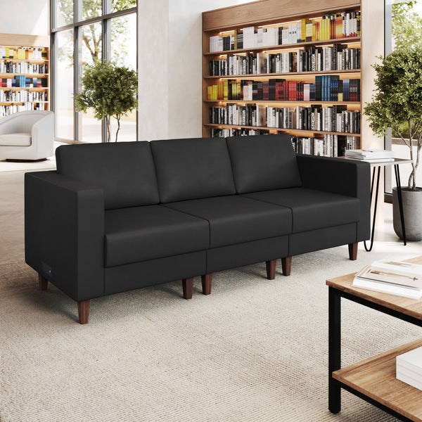 Black |#| Commercial Reception Sofa with Outlets/USB/USB-C Ports in Black LeatherSoft