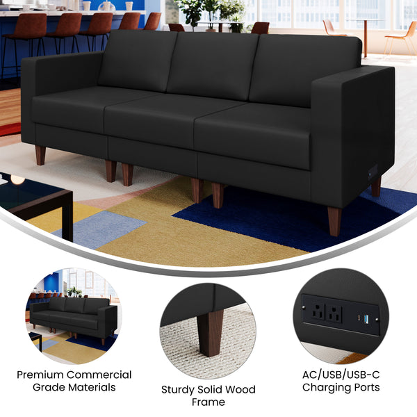Black |#| Commercial Reception Sofa with Outlets/USB/USB-C Ports in Black LeatherSoft