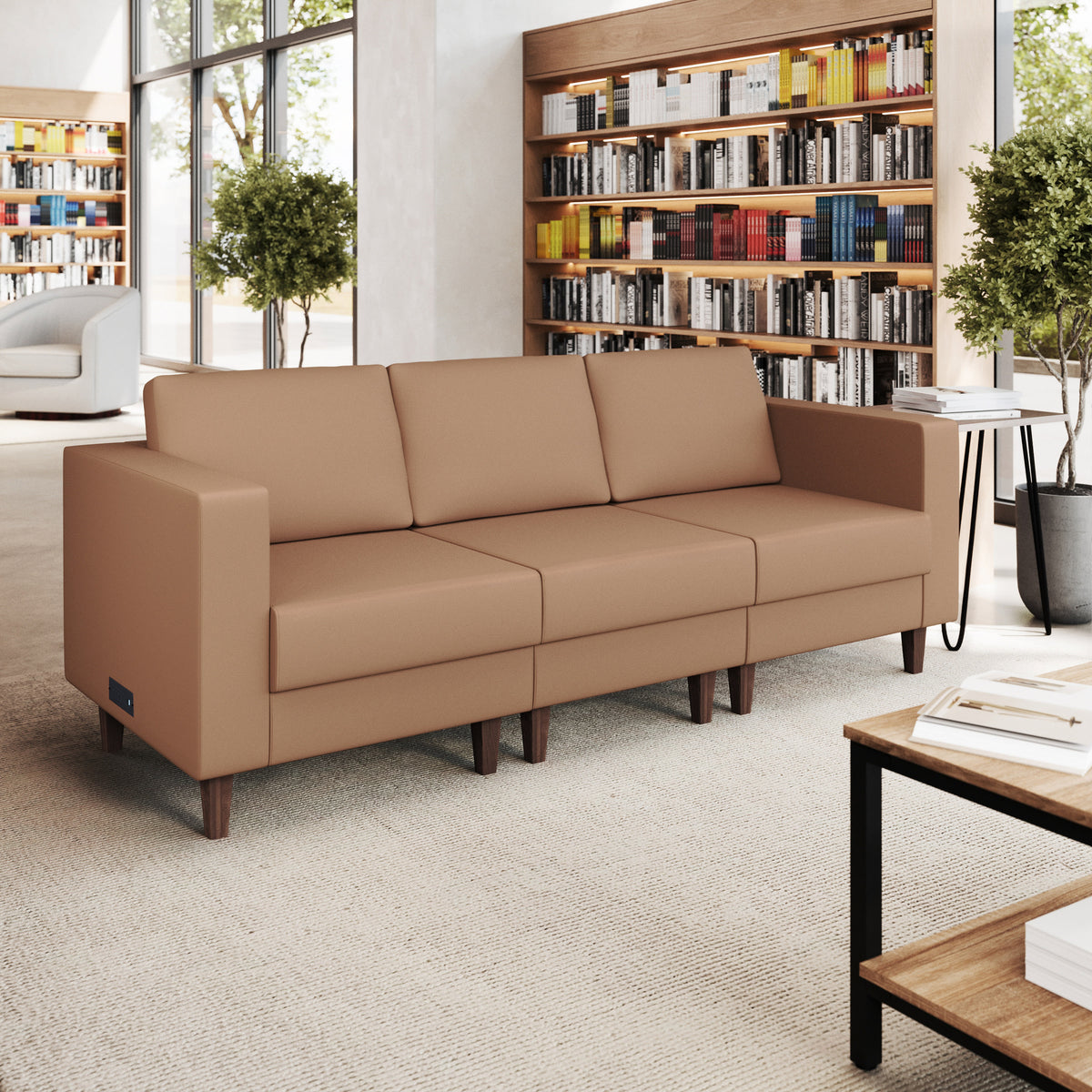 Cognac |#| Commercial Reception Sofa with Outlets/USB/USB-C Ports in Cognac LeatherSoft