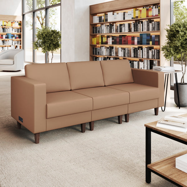 Cognac |#| Commercial Reception Sofa with Outlets/USB/USB-C Ports in Cognac LeatherSoft