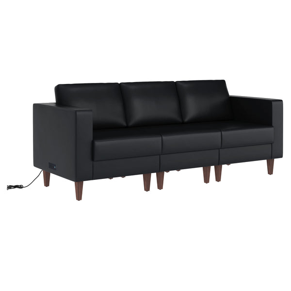 Black |#| Commercial Reception Sofa with Outlets/USB/USB-C Ports in Black LeatherSoft