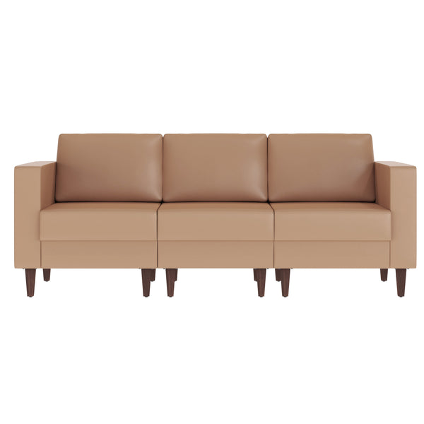 Cognac |#| Commercial Reception Sofa with Outlets/USB/USB-C Ports in Cognac LeatherSoft