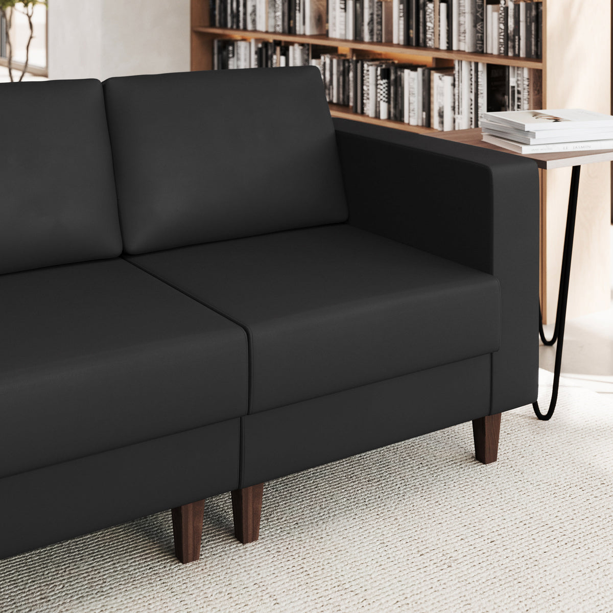 Black |#| Commercial Modular Right Arm Chair with AC/USB/USB-C Chargers-Black LeatherSoft