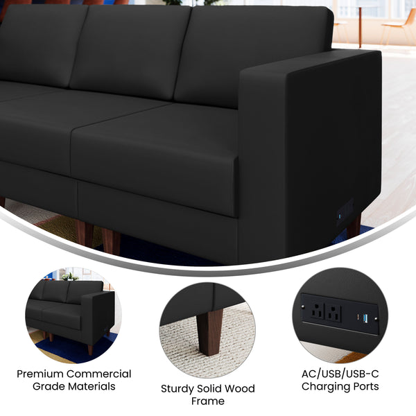 Black |#| Commercial Modular Right Arm Chair with AC/USB/USB-C Chargers-Black LeatherSoft