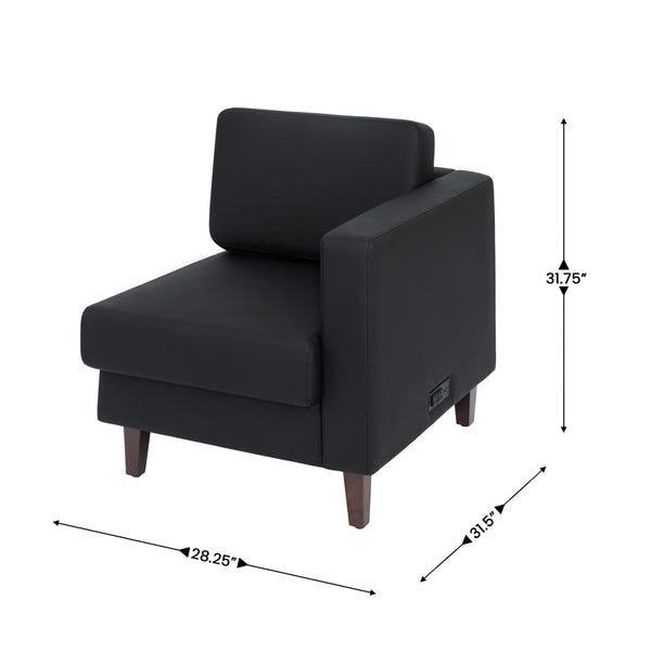 Black |#| Commercial Modular Right Arm Chair with AC/USB/USB-C Chargers-Black LeatherSoft