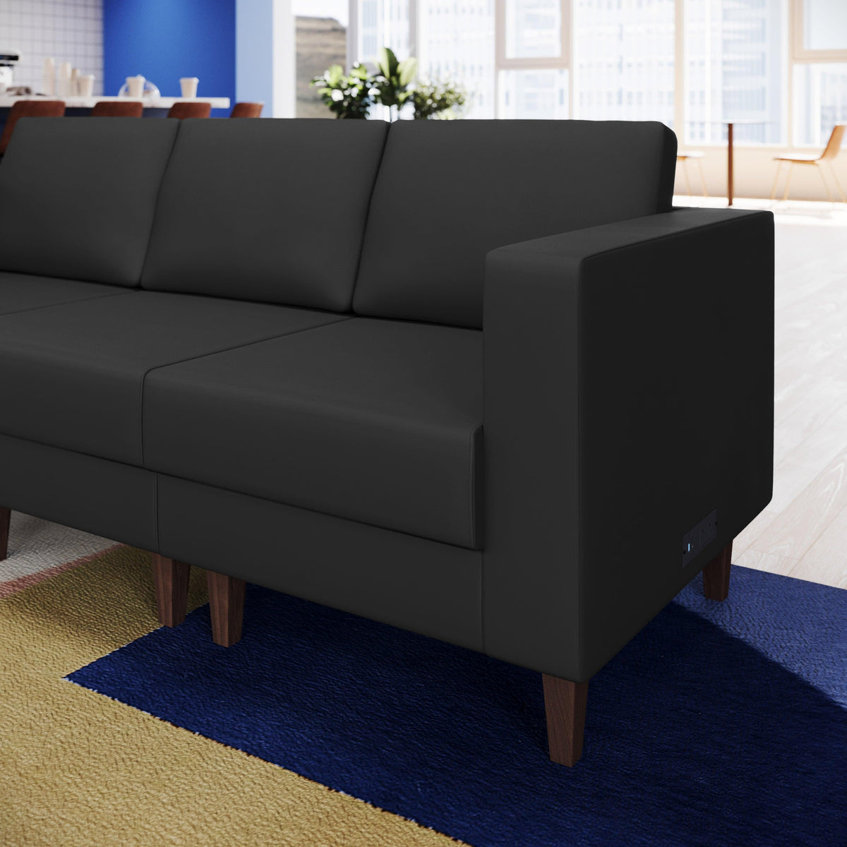 Black |#| Commercial Modular Right Arm Chair with AC/USB/USB-C Chargers-Black LeatherSoft