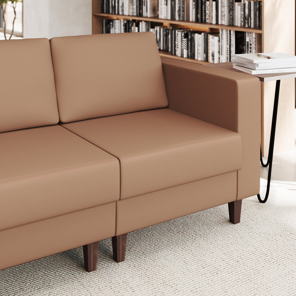 Cognac |#| Commercial Modular Right Arm Chair with AC/USB/USB-C Chargers-Cognac LeatherSoft