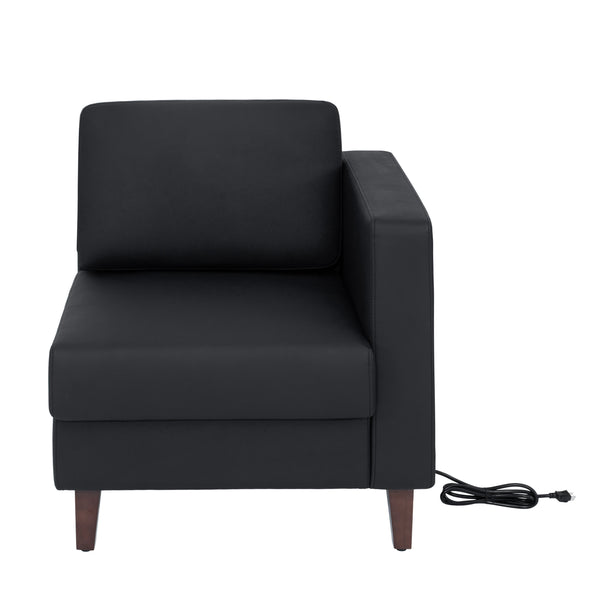 Black |#| Commercial Modular Right Arm Chair with AC/USB/USB-C Chargers-Black LeatherSoft