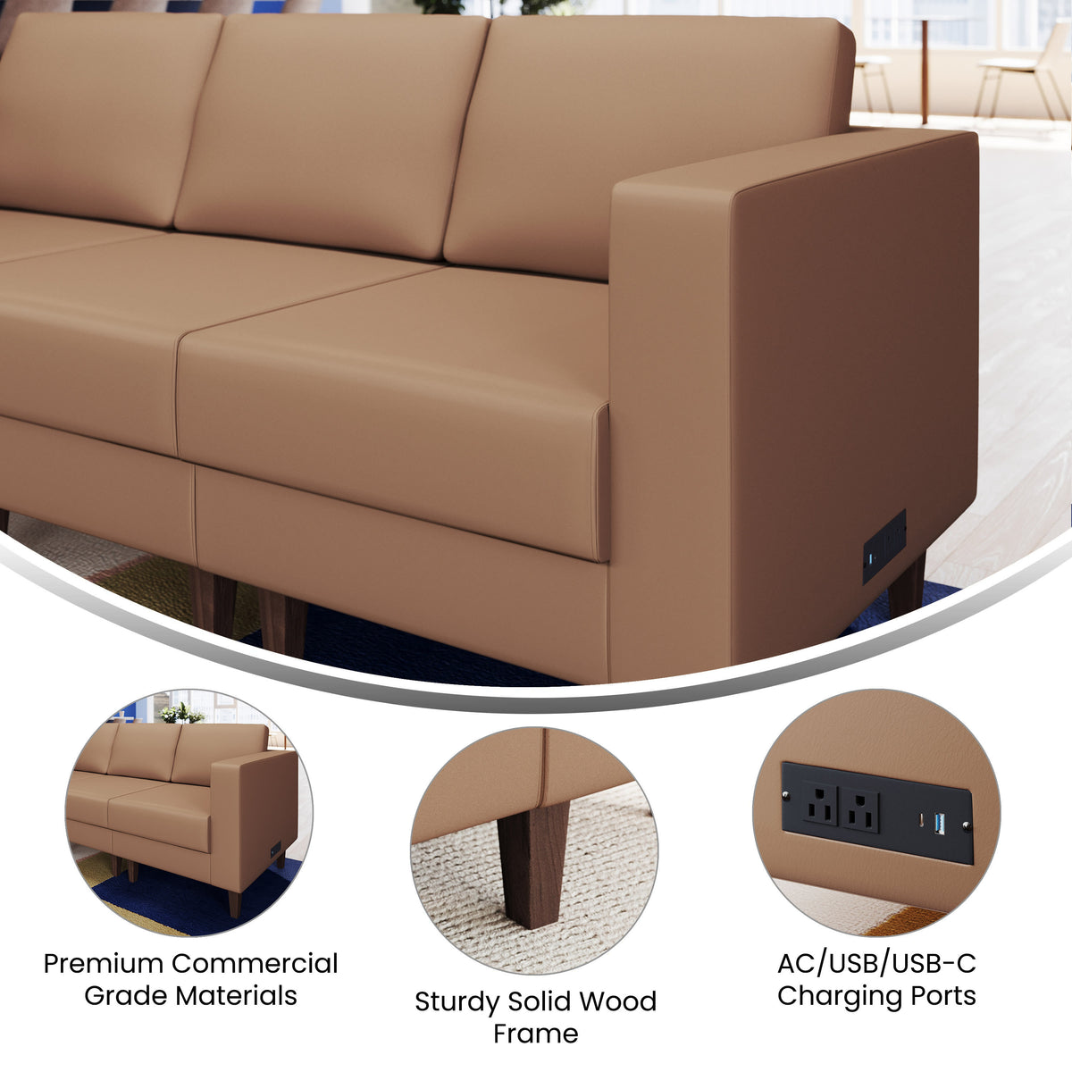 Cognac |#| Commercial Modular Right Arm Chair with AC/USB/USB-C Chargers-Cognac LeatherSoft