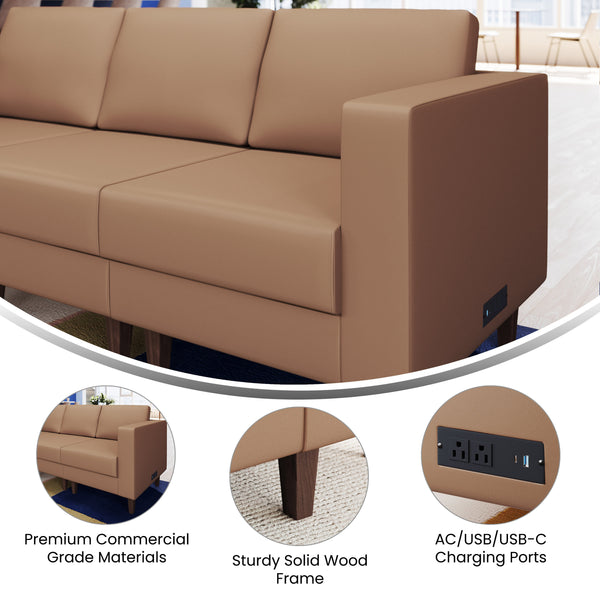 Cognac |#| Commercial Modular Right Arm Chair with AC/USB/USB-C Chargers-Cognac LeatherSoft