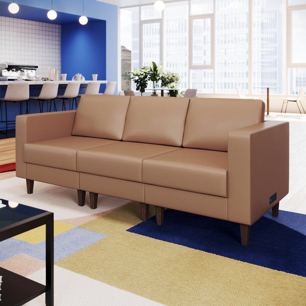 Cognac |#| Commercial Modular Right Arm Chair with AC/USB/USB-C Chargers-Cognac LeatherSoft