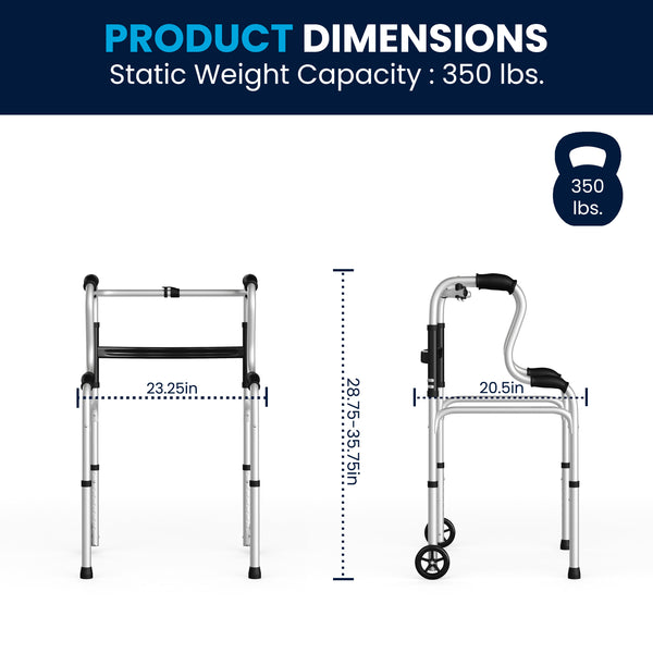 Lightweight Adjustable Height Bi-Level Folding Walker w/ Dual Frame Types in Gry
