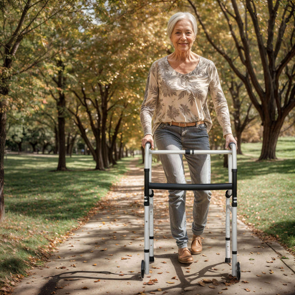 Lightweight Adjustable Height Bi-Level Folding Walker w/ Dual Frame Types in Gry