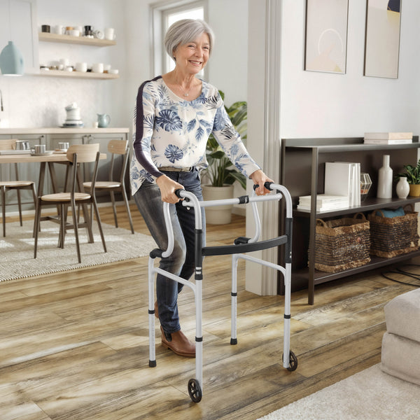 Lightweight Adjustable Height Bi-Level Folding Walker w/ Dual Frame Types in Gry
