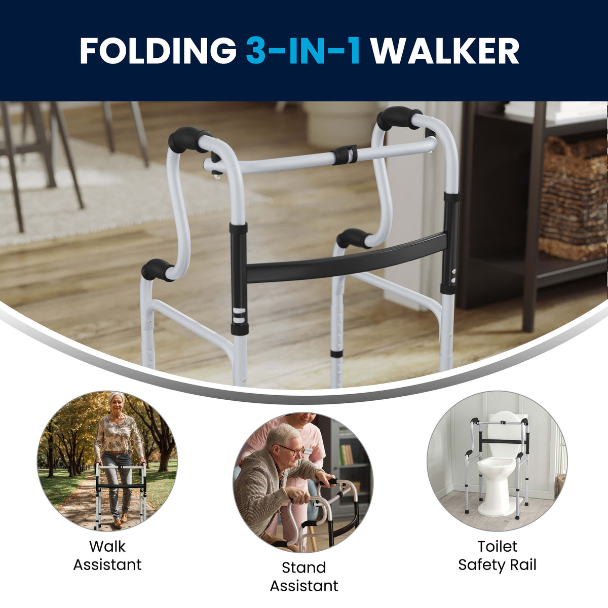 Lightweight Adjustable Height Bi-Level Folding Walker w/ Dual Frame Types in Gry