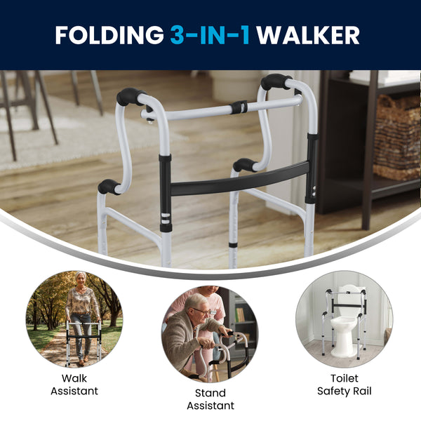 Lightweight Adjustable Height Bi-Level Folding Walker w/ Dual Frame Types in Gry