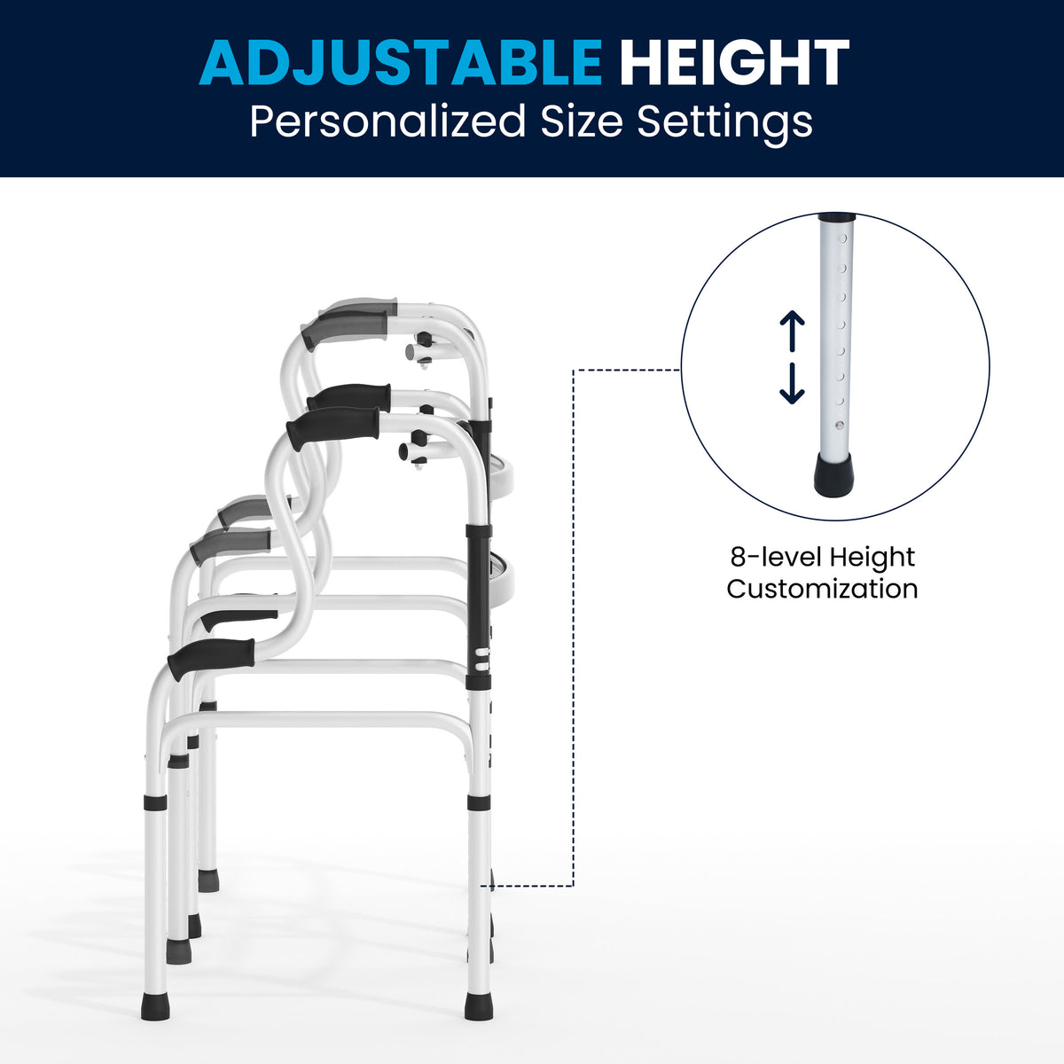 Lightweight Adjustable Height Bi-Level Folding Walker w/ Dual Frame Types in Gry