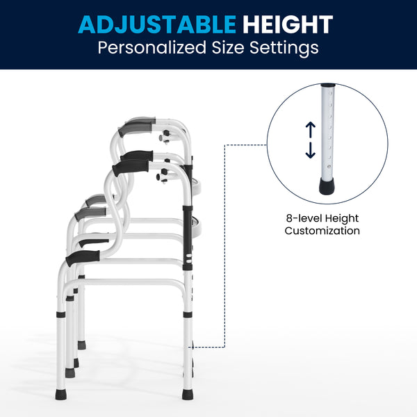 Lightweight Adjustable Height Bi-Level Folding Walker w/ Dual Frame Types in Gry