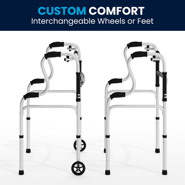 Lightweight Adjustable Height Bi-Level Folding Walker w/ Dual Frame Types in Gry