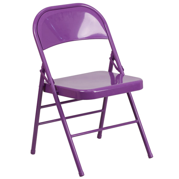 Impulsive Purple |#| Impulsive Purple Triple Braced & Double Hinged Metal Folding Chair - Vivid Color