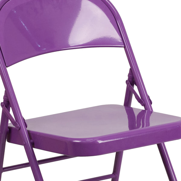 Impulsive Purple |#| Impulsive Purple Triple Braced & Double Hinged Metal Folding Chair - Vivid Color