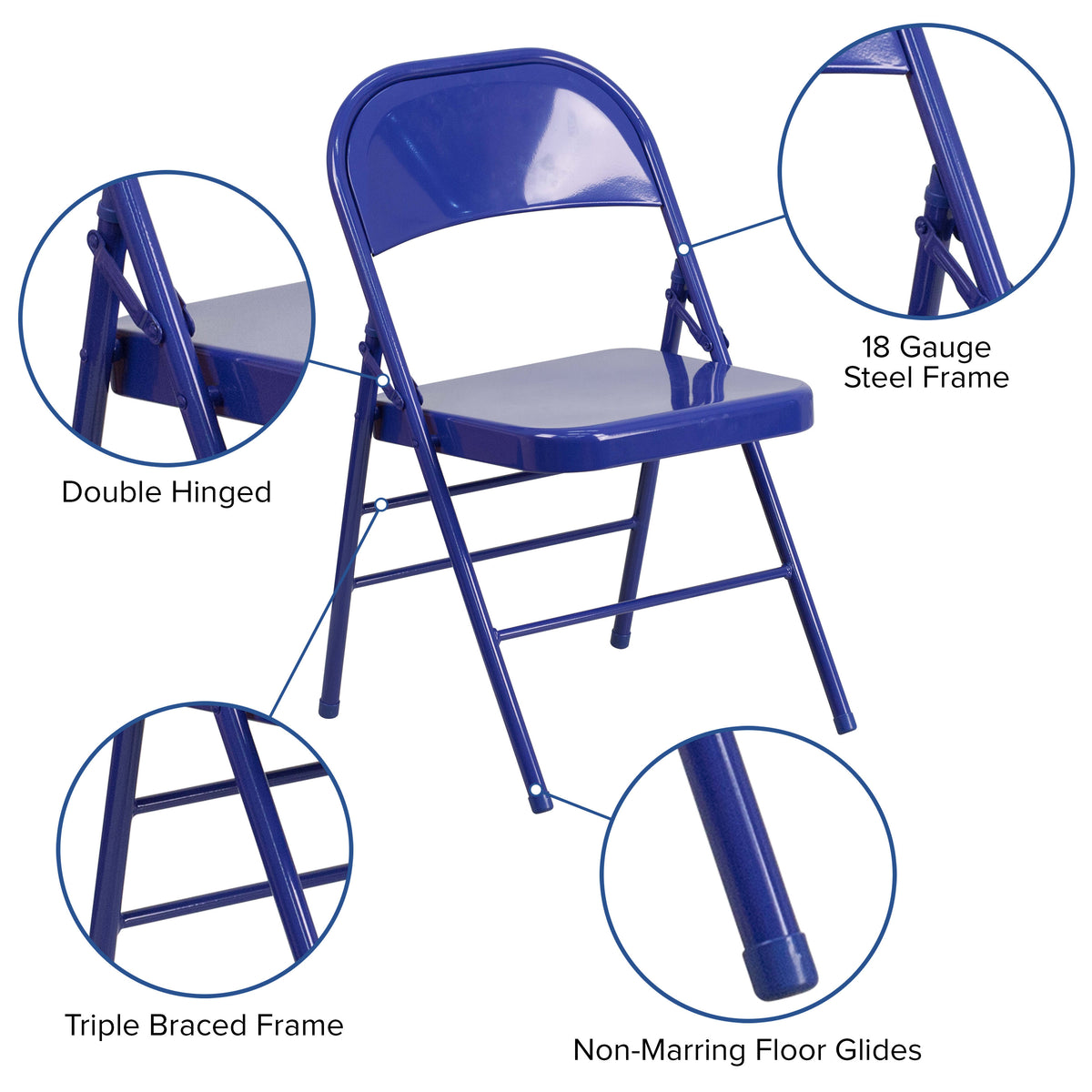 Cobalt Blue |#| Cobalt Blue Triple Braced & Double Hinged Metal Folding Chair - Event Chair