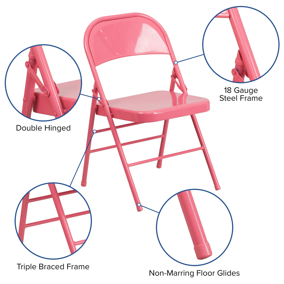 Bubblegum Pink |#| Bubblegum Pink Triple Braced & Double Hinged Metal Folding Chair - Vivid Color