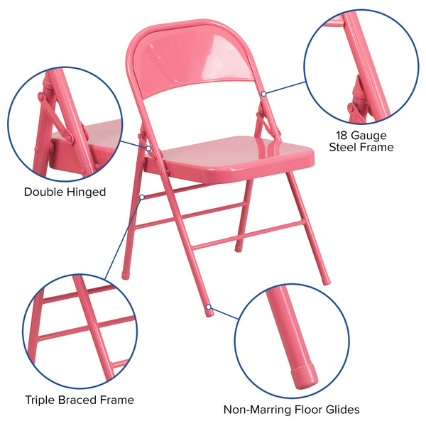 Bubblegum Pink |#| Bubblegum Pink Triple Braced & Double Hinged Metal Folding Chair - Vivid Color