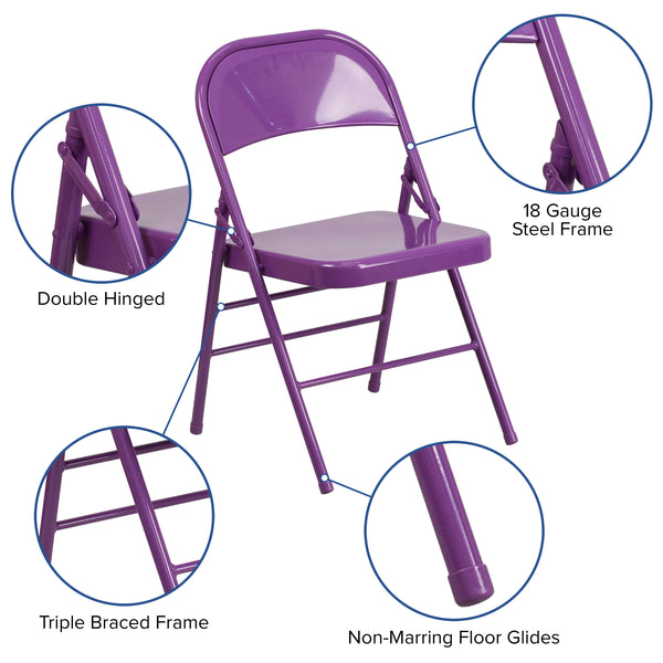 Impulsive Purple |#| Impulsive Purple Triple Braced & Double Hinged Metal Folding Chair - Vivid Color