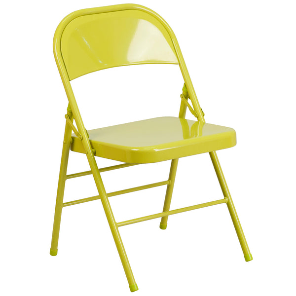 Twisted Citron |#| Twisted Citron Triple Braced & Double Hinged Metal Folding Chair - Event Chair