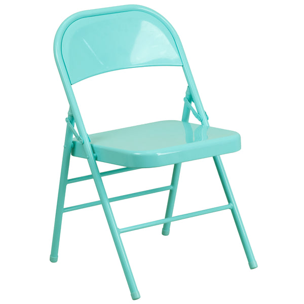 Tantalizing Teal |#| Tantalizing Teal Triple Braced & Double Hinged Metal Folding Chair - Vivid Color