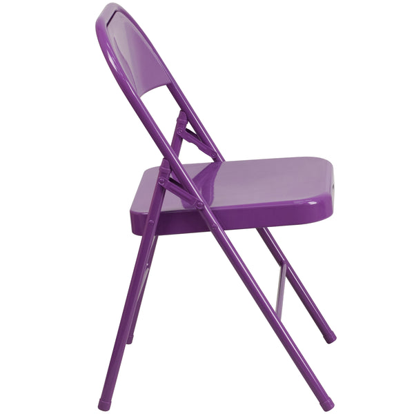 Impulsive Purple |#| Impulsive Purple Triple Braced & Double Hinged Metal Folding Chair - Vivid Color