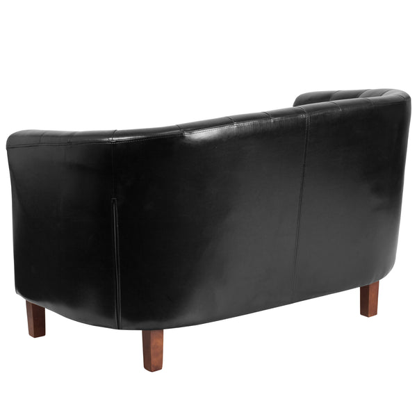 Brown |#| Brown LeatherSoft Upholstered Button Tufted Loveseat with Mahogany Legs