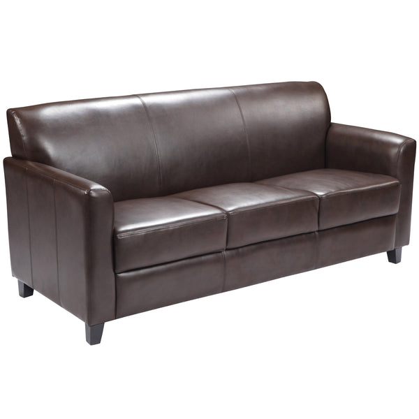 Brown |#| Brown LeatherSoft Sofa with Clean Line Stitched Frame - Reception Seating