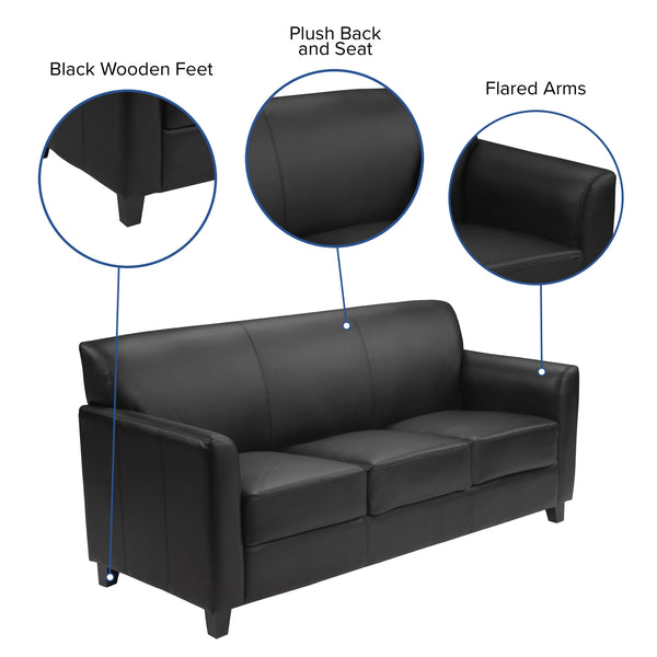 Black |#| Black LeatherSoft Sofa with Clean Line Stitched Frame - Reception Seating