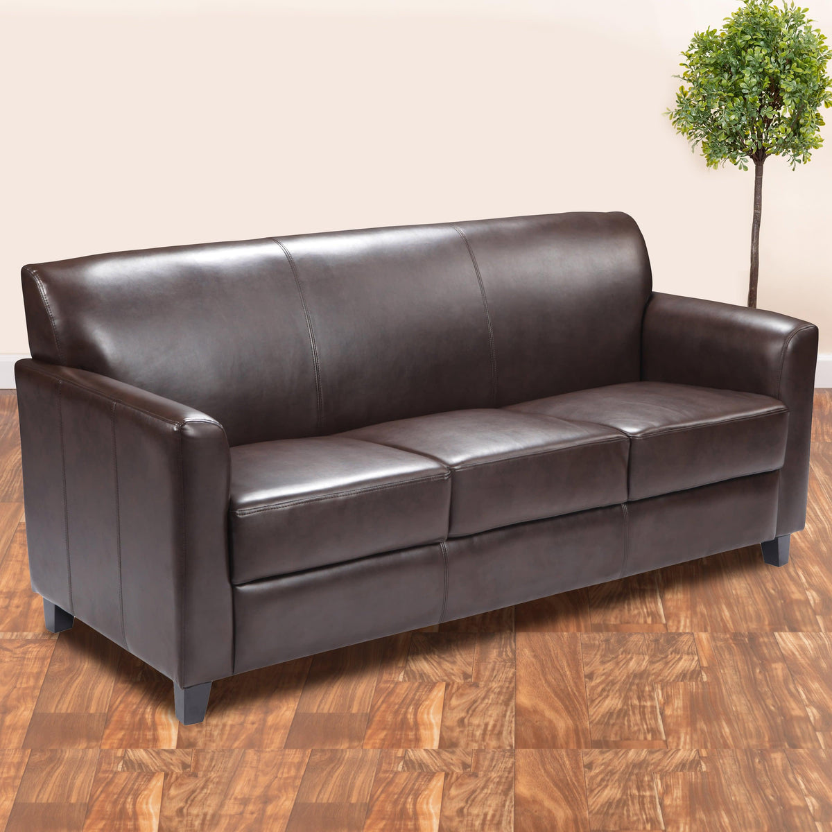 Brown |#| Brown LeatherSoft Sofa with Clean Line Stitched Frame - Reception Seating