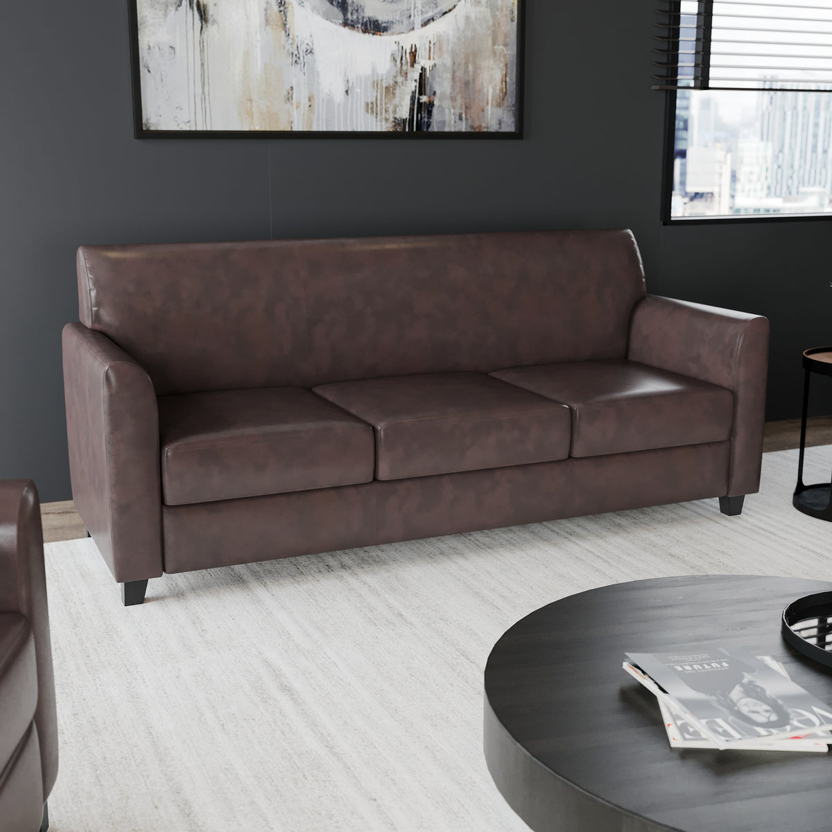 Brown/Wood Legs |#| Brown LeatherSoft Sofa with Clean Line Stitched Frame - Reception Seating