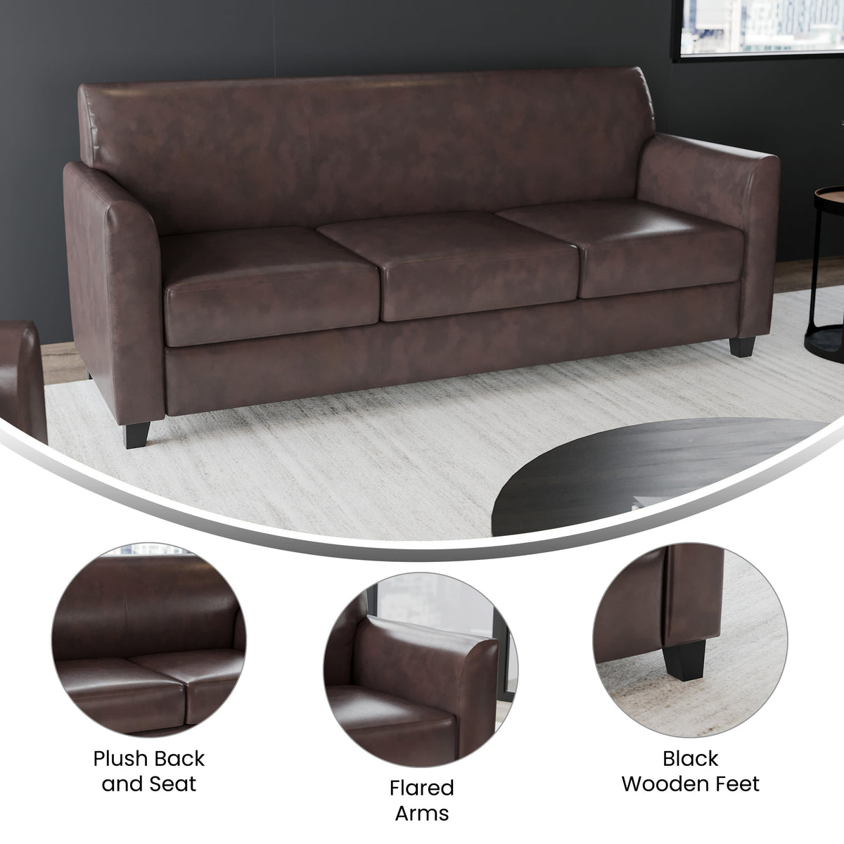 Brown/Wood Legs |#| Brown LeatherSoft Sofa with Clean Line Stitched Frame - Reception Seating