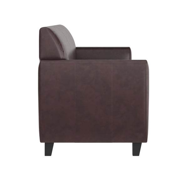 Brown/Wood Legs |#| Brown LeatherSoft Sofa with Clean Line Stitched Frame - Reception Seating