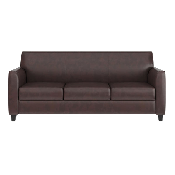 Brown/Wood Legs |#| Brown LeatherSoft Sofa with Clean Line Stitched Frame - Reception Seating