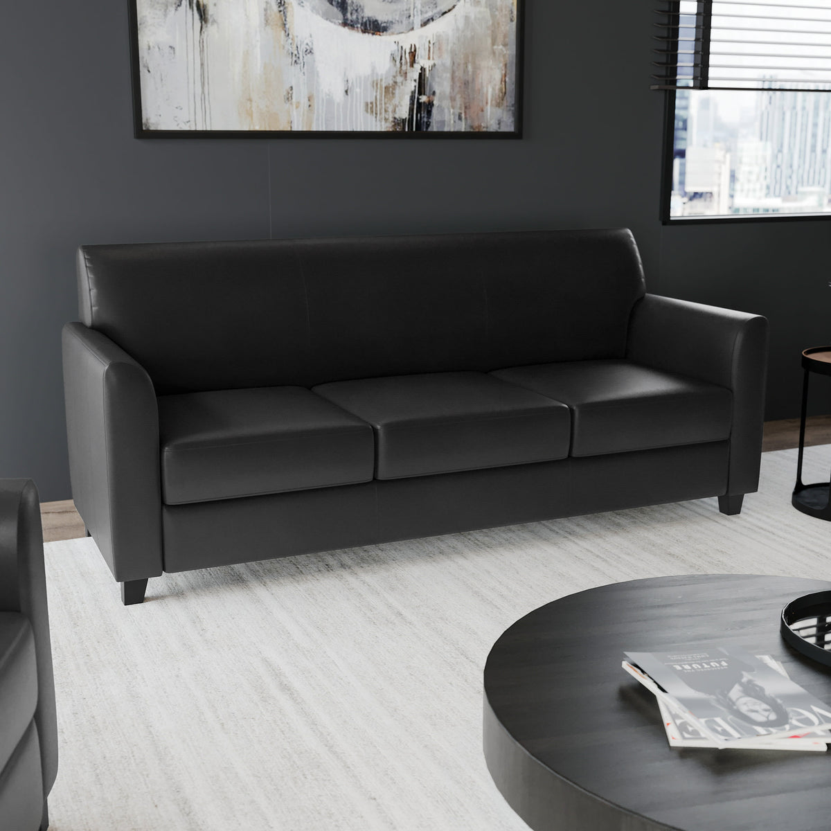 Black/Wood Legs |#| Black LeatherSoft Sofa with Clean Line Stitched Frame - Reception Seating