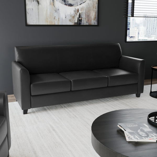 Black/Wood Legs |#| Black LeatherSoft Sofa with Clean Line Stitched Frame - Reception Seating
