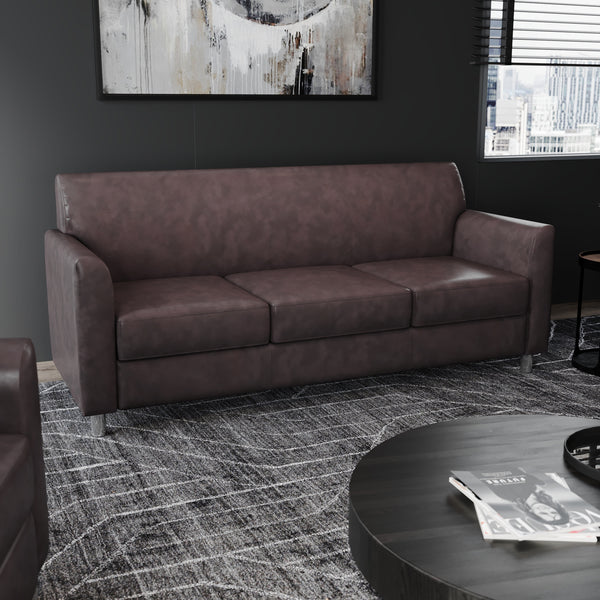 Brown/Chrome Legs |#| Brown LeatherSoft Sofa with Clean Line Stitched Frame and Chrome Legs