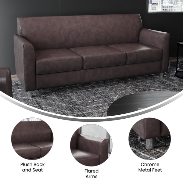 Brown/Chrome Legs |#| Brown LeatherSoft Sofa with Clean Line Stitched Frame and Chrome Legs
