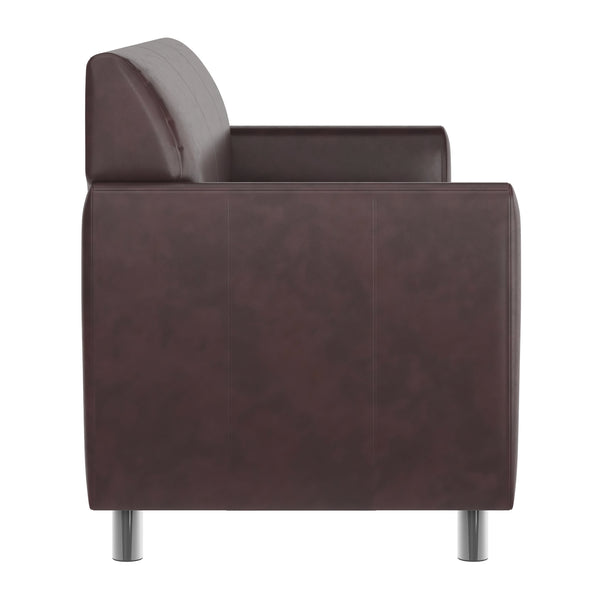 Brown/Chrome Legs |#| Brown LeatherSoft Sofa with Clean Line Stitched Frame and Chrome Legs